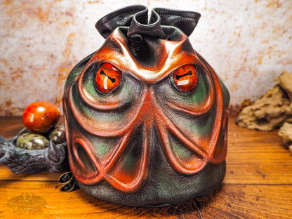 Red Cthulhu Leather Dice Bag with Beautiful Hand Painted Glass Eyes