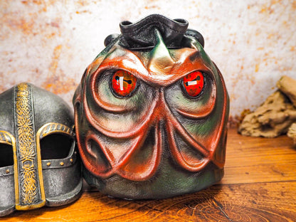 Red Cthulhu Leather Dice Bag with Beautiful Hand Painted Glass Eyes