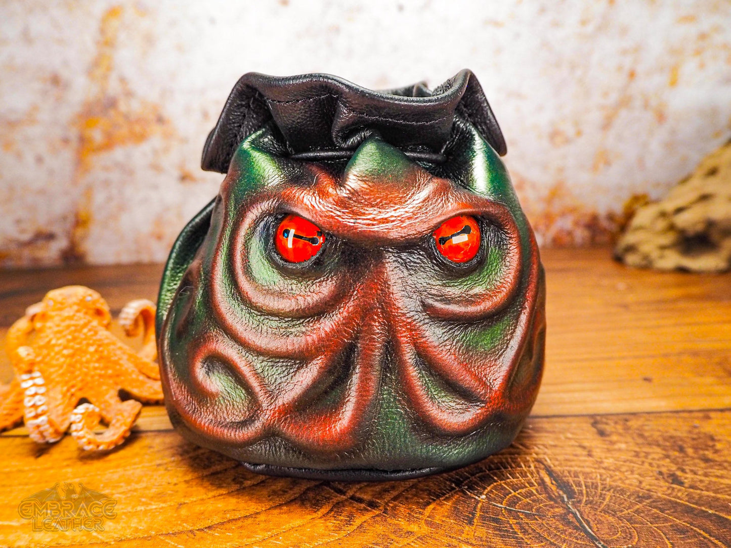 Red Cthulhu Leather Dice Bag with Beautiful Hand Painted Glass Eyes