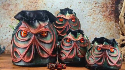 Red Cthulhu Leather Dice Bag with Beautiful Hand Painted Glass Eyes