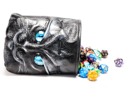Silver Leather Cat Bag, DandD Dice Bag for Handmade Dice - 150 - 190 Dice EmBrace Leather