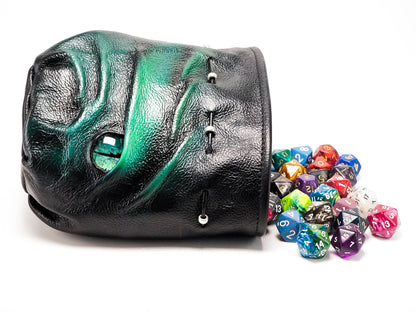 Handmade Gift: Luxurious Green Leather Dice Bag with Dragon Embellishment - Fits 190 Dice - Hand-painted Dragon Eye