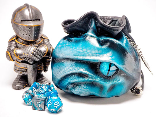 Fabulous Leather Dice Bag With Hand Painted Dragon Eye in Aqua and Blue - 90 to 115 Dice EmBrace Leather