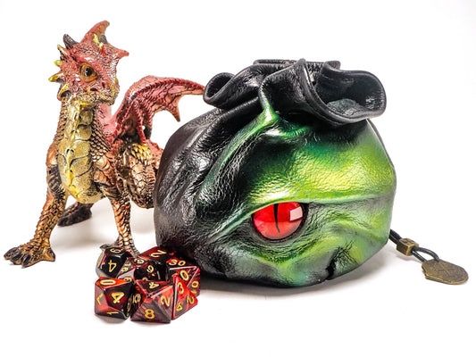 Green Leather Dice Bag  with Beautiful Dragon Eye for Role Playing Game Dungeons and Dragons - 90 to 115 Dice