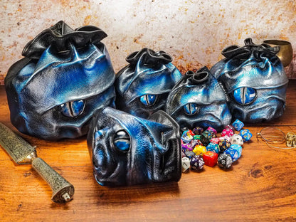 Blue and Silver Leather Dice Bag with Hand Painted Dragons Eye - Bag for Role Playing Games EmBrace Leather