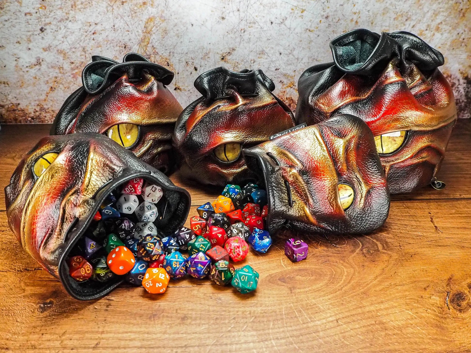 Red and Gold Handmade Leather Dice Bags - Perfect Gaming Accessories for Tabletop Adventures EmBrace Leather
