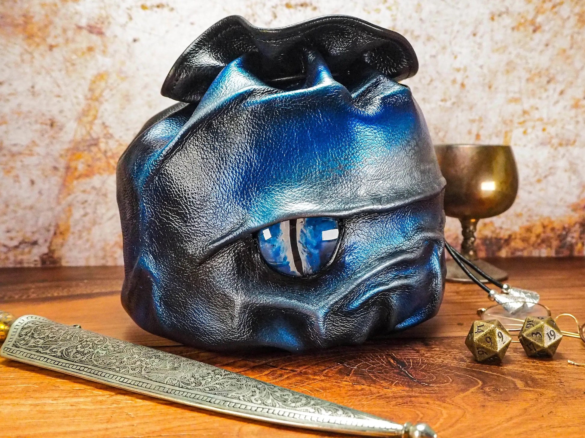 Blue and Silver Leather Dice Bag with Hand Painted Dragons Eye - Bag for Role Playing Games EmBrace Leather