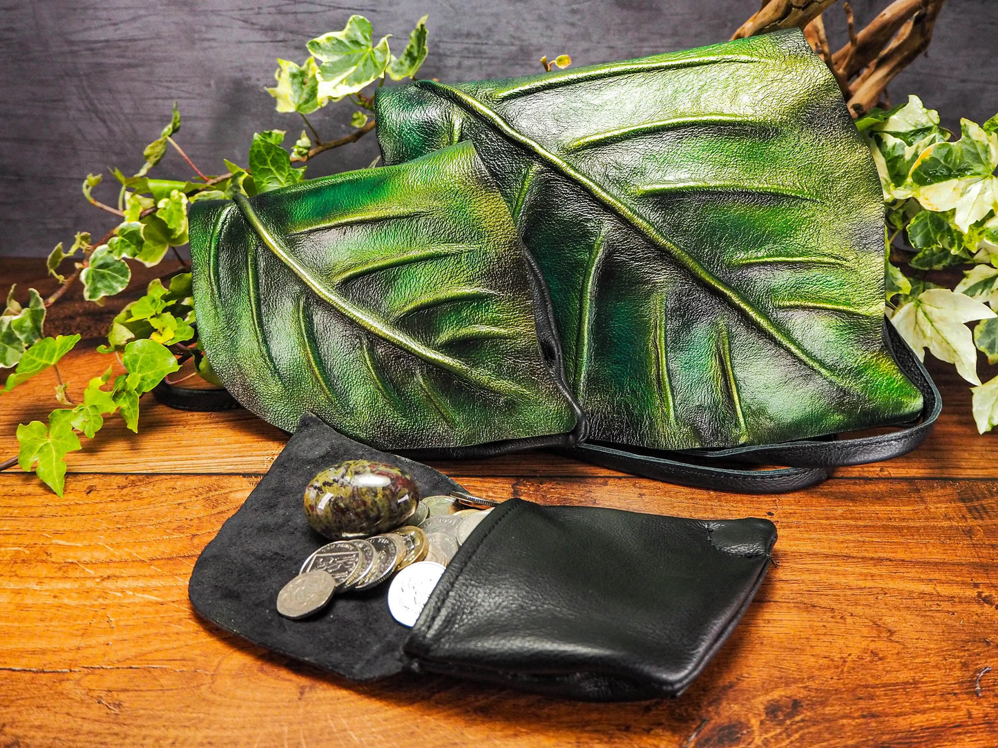 Green Leaf Bag and Belt Pouch - Themed for Renaissance Fair, Fairy Wedding or Every Day EmBrace Leather