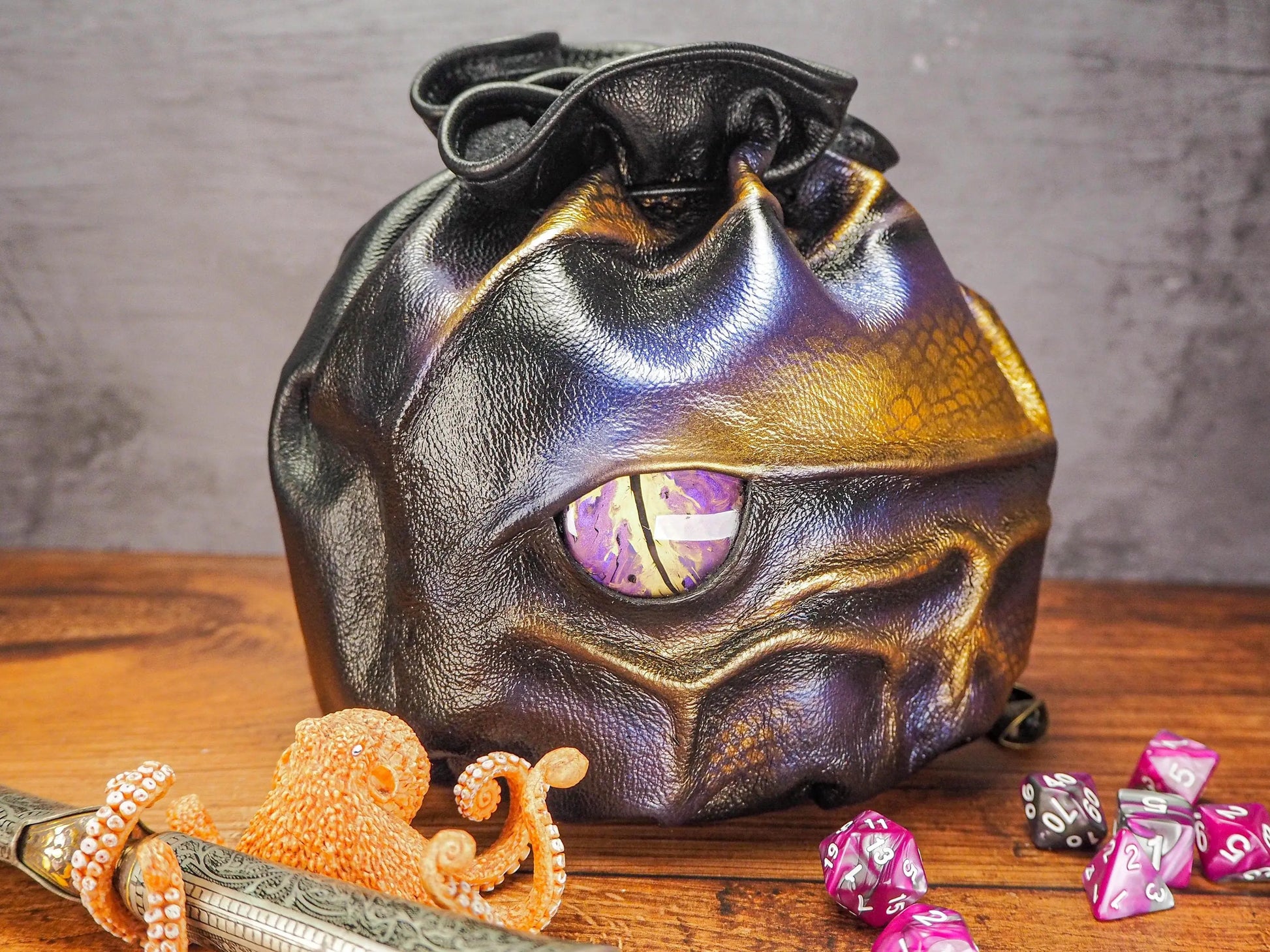Purple and Gold Hand Painted Leather Bags - Dice Accessories for Dungeons and Dragons  and other RPGs EmBrace Leather