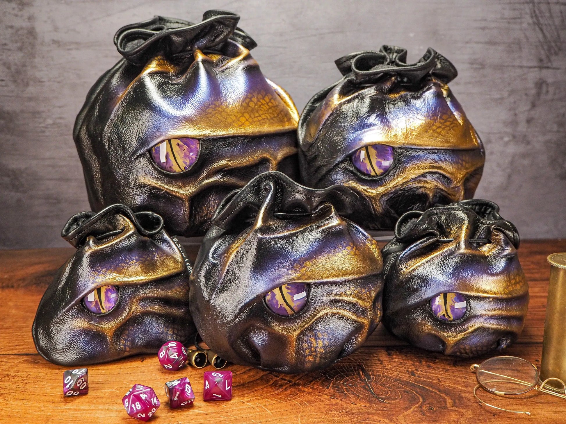 Purple and Gold Hand Painted Leather Bags - Dice Accessories for Dungeons and Dragons  and other RPGs EmBrace Leather