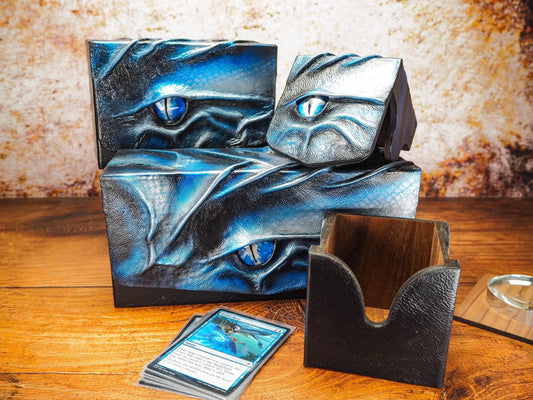 Blue and Silver Top Loader Deck Box with Beautiful Dragons Eye - TGC Storage, Spell Cards, MTG and More - 3 Sizes EmBrace Leather
