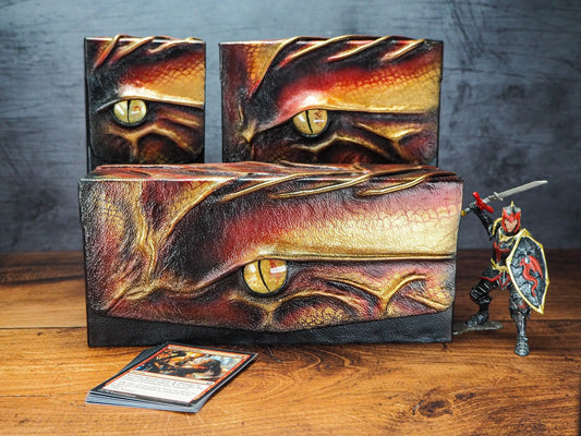 Metallic Red and Gold Card Game Storage Box - MTG, Pokemon and other TCG with Beautiful Dragons Eye - 3 Sizes EmBrace Leather