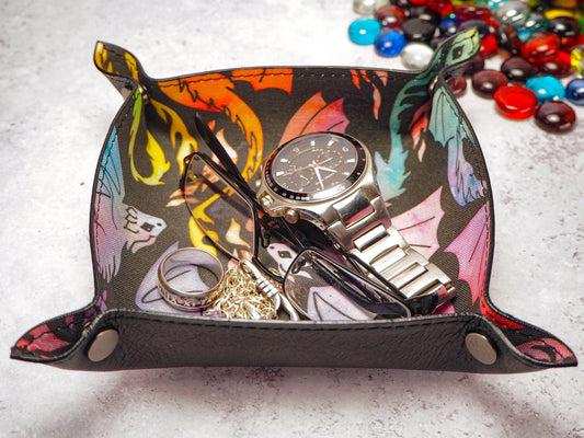 Rainbow Dragon Canvas and Leather Collapsible Dice Tray - Leather Valet Tray and Catch All Tray. Fantastic Graduation Gift for Him EmBrace Leather