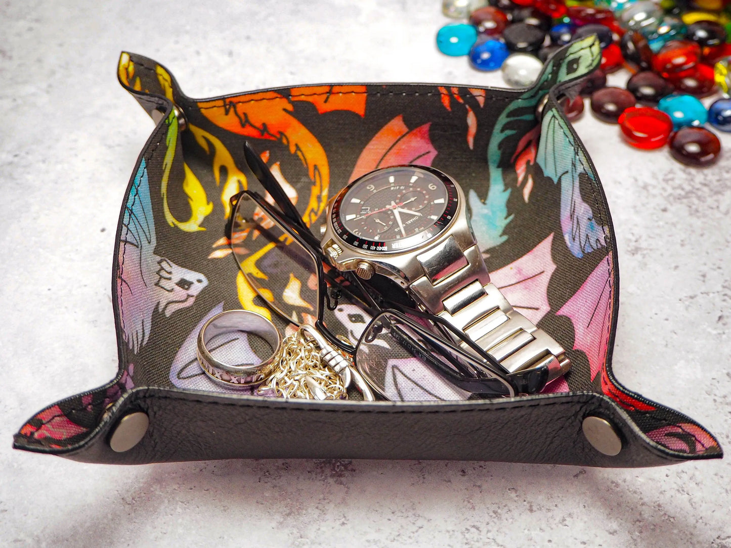 Rainbow Dragon Canvas and Leather Dice Tray - Leather Valet Tray and Catch All Tray. Fantastic DnD Gifts for Dice Games EmBrace Leather