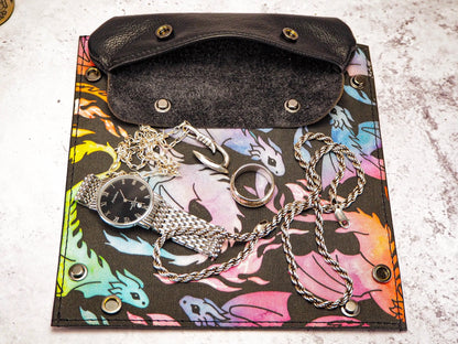 Rainbow Dragon Canvas and Leather Collapsible Dice Tray - Leather Valet Tray and Catch All Tray. Fantastic Graduation Gift for Him EmBrace Leather