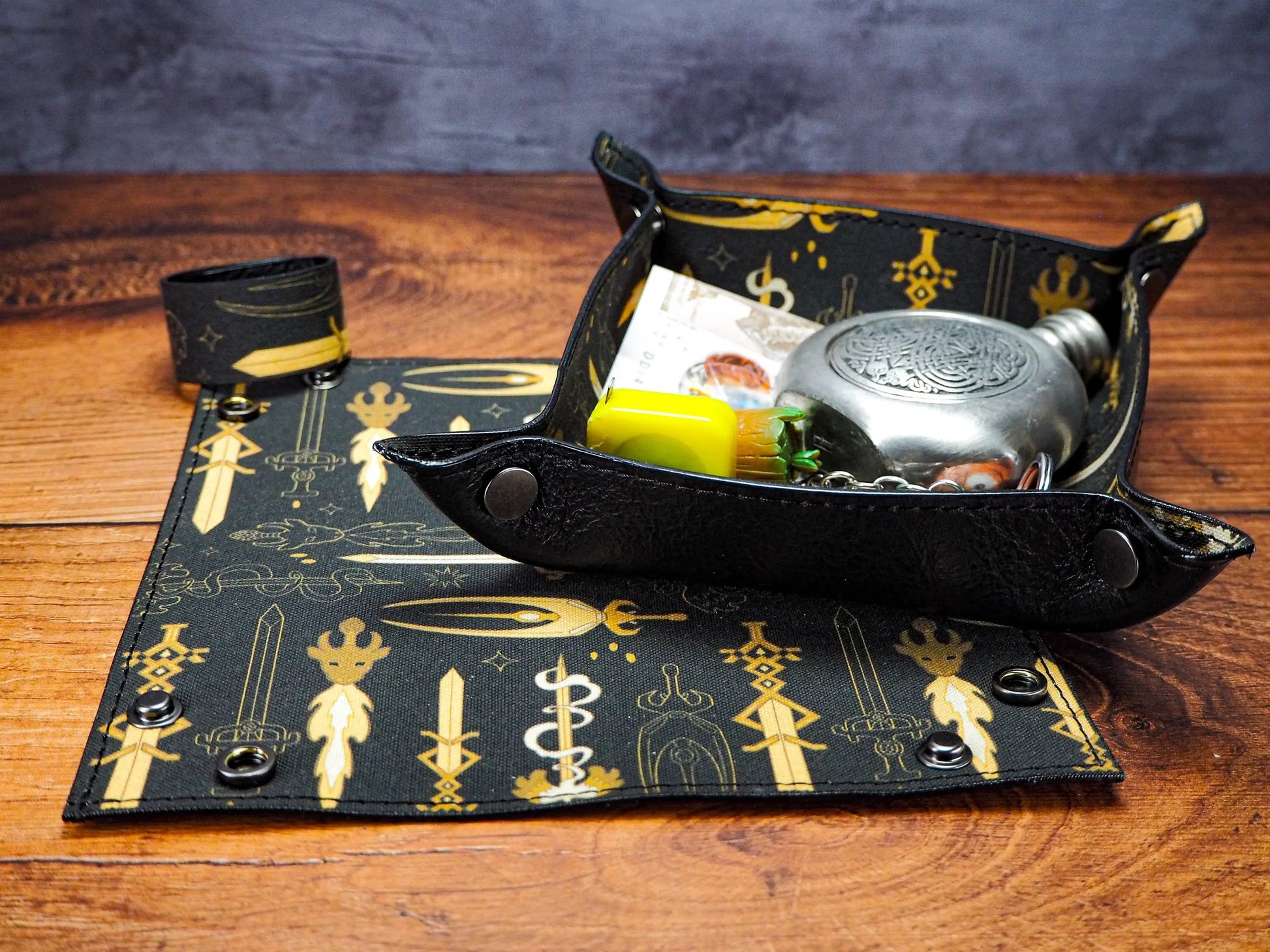 Swords Canvas Dice and Leather Dice Tray - Collapsible Leather Dice Tray a fantastic DnD Gift for Role Playing Games EmBrace Leather