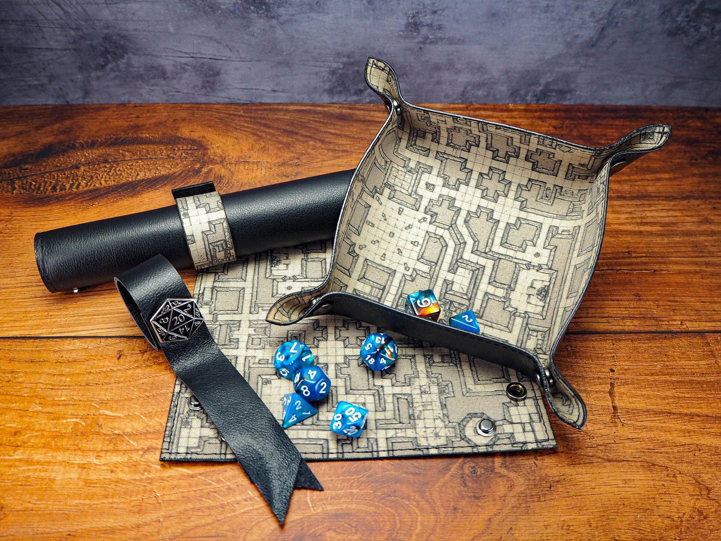 Canvas Map and Leather Dice Tray - Leather Valet Tray and Catch All Tray. Fantastic Role Playing Game EmBrace Leather