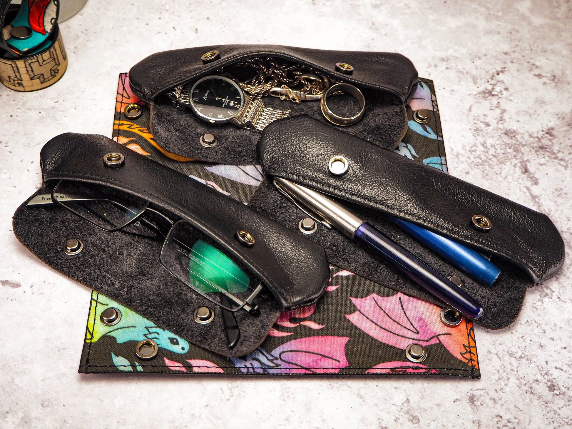 Rainbow Dragon Canvas and Leather Collapsible Dice Tray - Leather Valet Tray and Catch All Tray. Fantastic Graduation Gift for Him EmBrace Leather