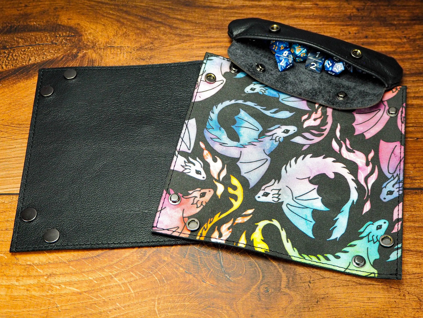 Rainbow Dragon Canvas and Leather Collapsible Dice Tray - Leather Valet Tray and Catch All Tray. Fantastic Graduation Gift for Him EmBrace Leather