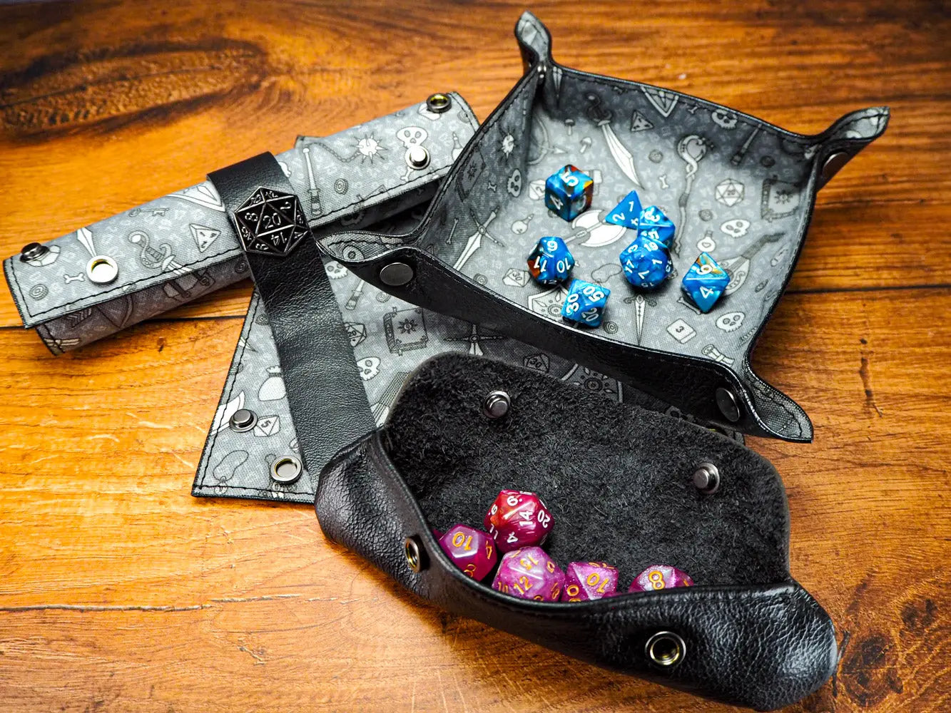 An EmBrace Leather Dice Tray with Storage in Battle Design