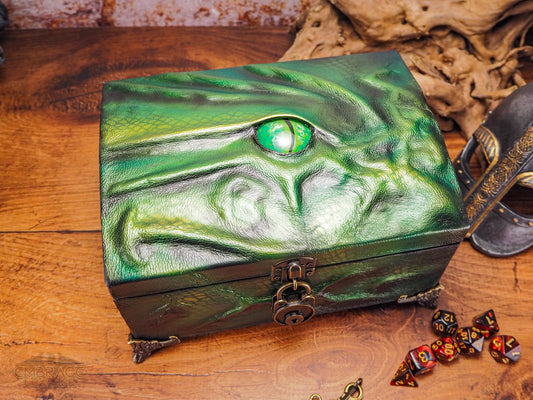 Large Green Leather Dragon Treasure Chest /Dice Chest for Role Playing Game or Dice Accessories