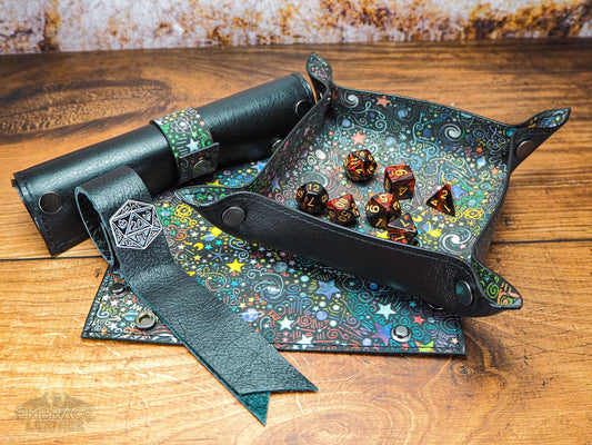 Galaxy Canvas and Leather Collapsible Dice Tray - Leather Valet Tray and Catch All Tray. Fantastic Graduation Gift for Him