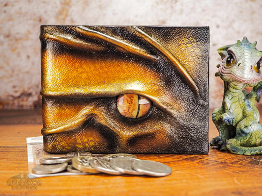 Gold Mens Leather Wallet in Dragon Scale - Hand Made Wallets