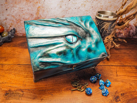 Large Aqua and Blue Leather Dragon Treasure Chest /Dice Chest for Role Playing Game or Dice Accessories