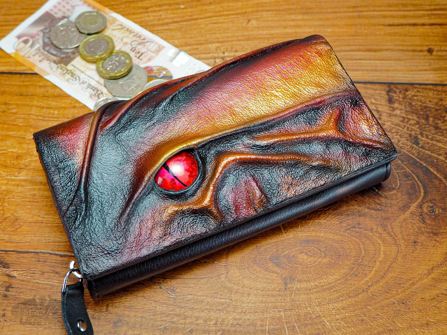 Large Leather Purse in Red for Women with Hand Painted Dragon Eye - Ladies Purse Wallet