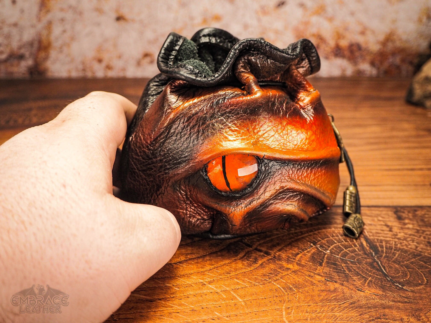 Bold Orange DnD Dice Bag with Hand Painted Dragon Eye - Leather Dice Bag - Up to 75 Mixed Dice