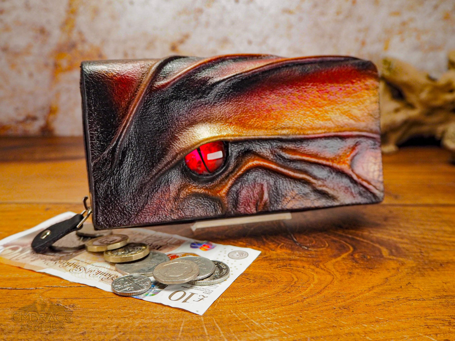 Large Leather Purse in Red for Women with Hand Painted Dragon Eye - Ladies Purse Wallet