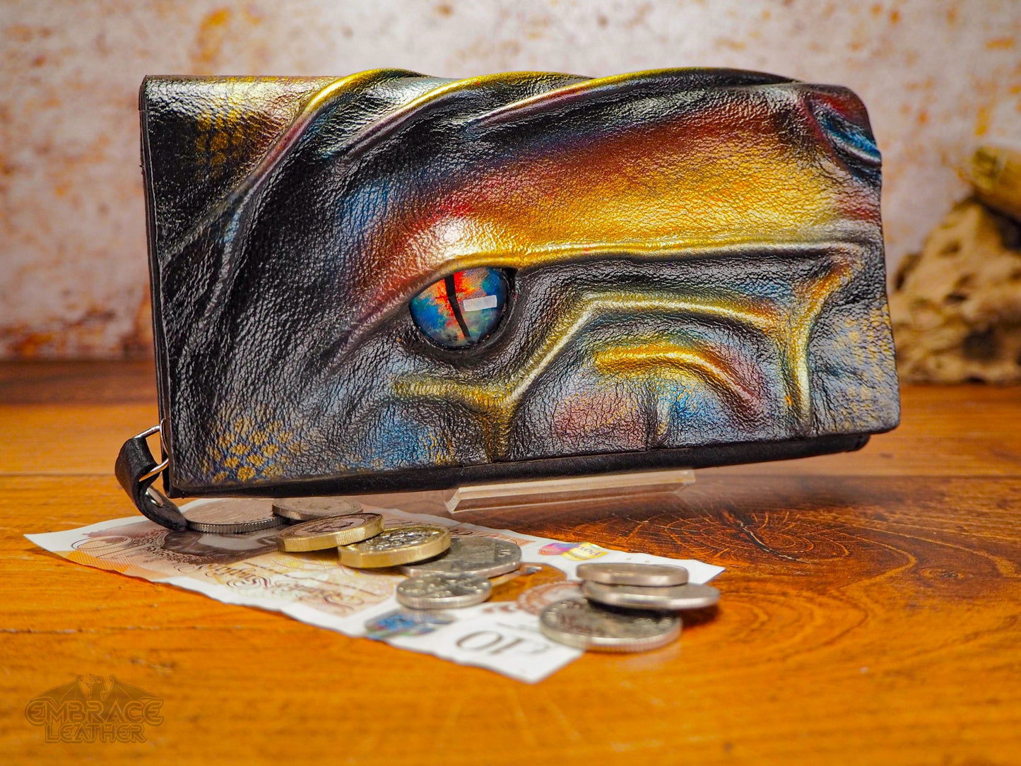 Large Leather Purse for Women with Hand Painted Dragon Eye - Dragon Wallet Black Leather Coin Purse