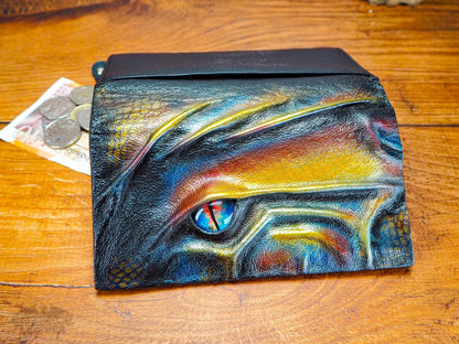 Large Leather Purse for Women with Hand Painted Dragon Eye - Dragon Wallet Black Leather Coin Purse