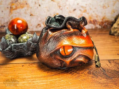 Bold Orange DnD Dice Bag with Hand Painted Dragon Eye - Leather Dice Bag - Up to 75 Mixed Dice