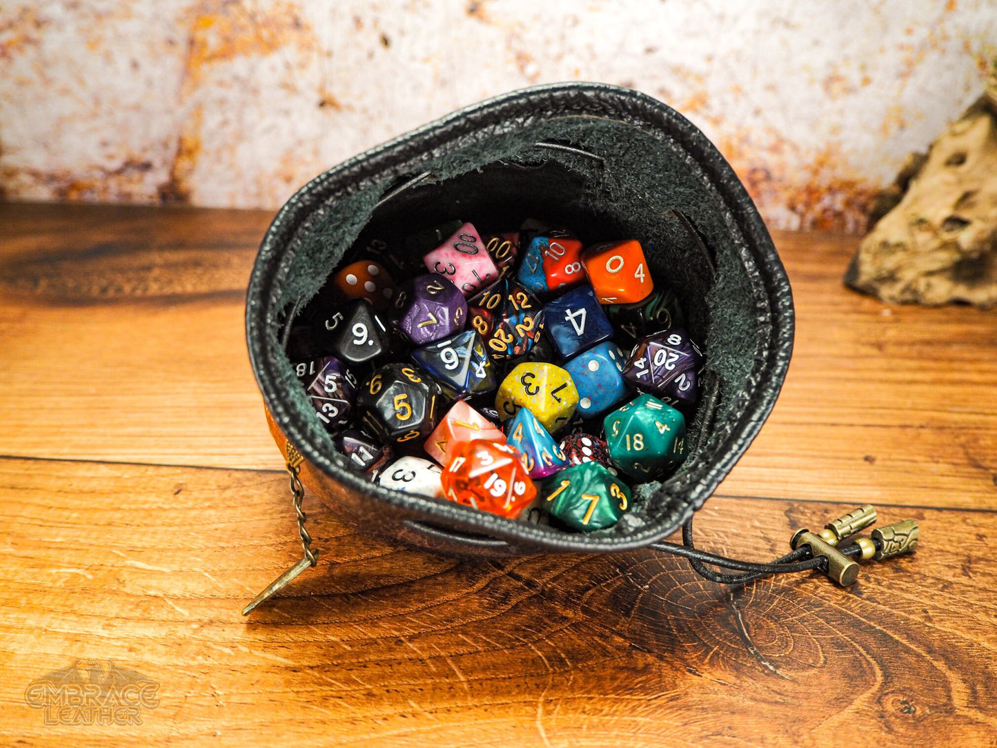 Bold Orange DnD Dice Bag with Hand Painted Dragon Eye - Leather Dice Bag - Up to 75 Mixed Dice