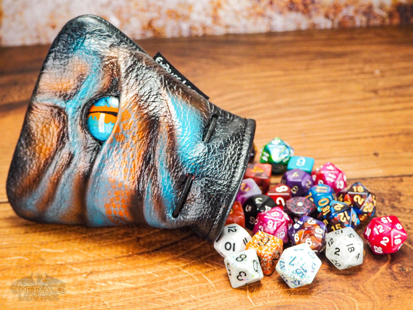 Unique Dragon Eye Dice Bag for Tabletop Gaming and Dice Collectors - Hand Painted Leather Pouch for 45 Dice - Great Gift for Gamers
