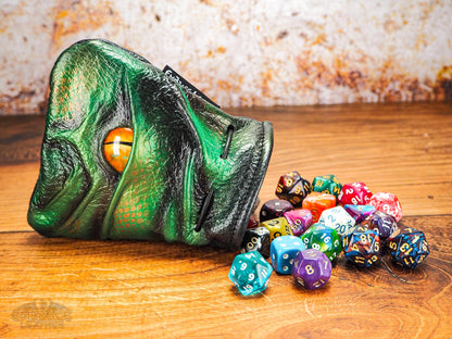 Premium Quality Leather Dice Bag with Dragon Eye - LARP Bag - Holds Up to 45 mixed dice - Ideal for Tabletop and RPG Games