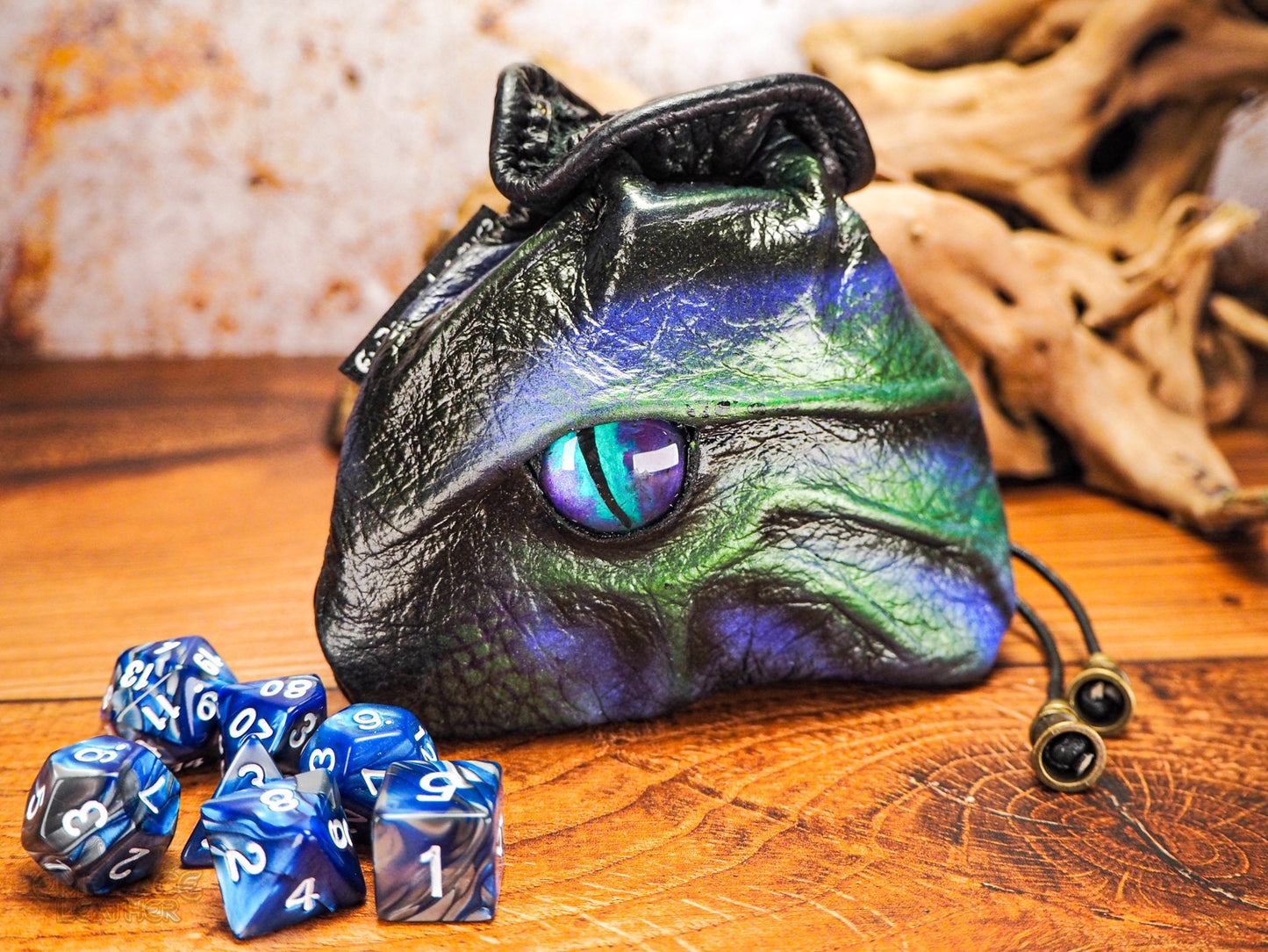 Green and Purple Handmade Leather Dice Bag - Unusual Dice Bag with Dragons Eye - Up to 45 Mixed Dice
