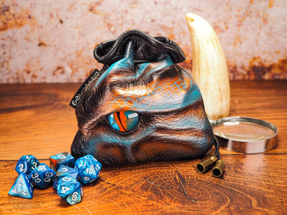 Unique Dragon Eye Dice Bag for Tabletop Gaming and Dice Collectors - Hand Painted Leather Pouch for 45 Dice - Great Gift for Gamers