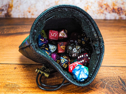 Green and Purple Handmade Leather Dice Bag - Unusual Dice Bag with Dragons Eye - Up to 45 Mixed Dice