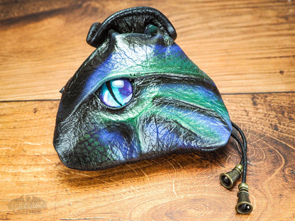Green and Purple Handmade Leather Dice Bag - Unusual Dice Bag with Dragons Eye - Up to 45 Mixed Dice