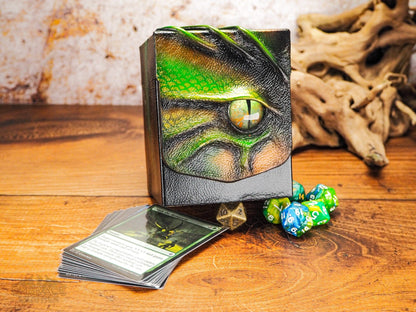 Small Commander Card Box for Table Top Games with Green Dragon Eye. MTG Card Box - Yugioh Deck Box