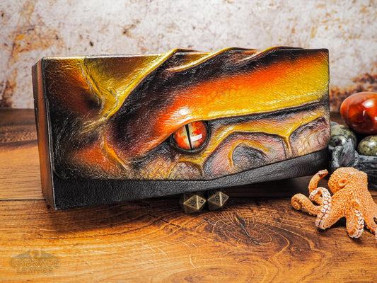 Orange Metallic Card Box for Table Top Games with Bronze Dragon Eye. Triple Commander MTG Card Box