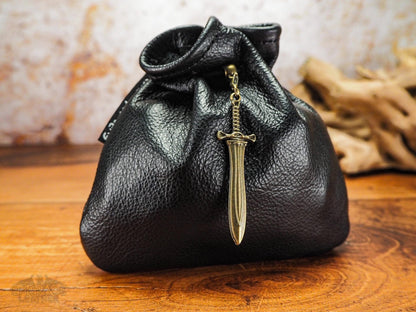 Beautiful Black Leather Dice Bag with Bronze Sword - Dungeons and Dragons Dice Bag of Holding