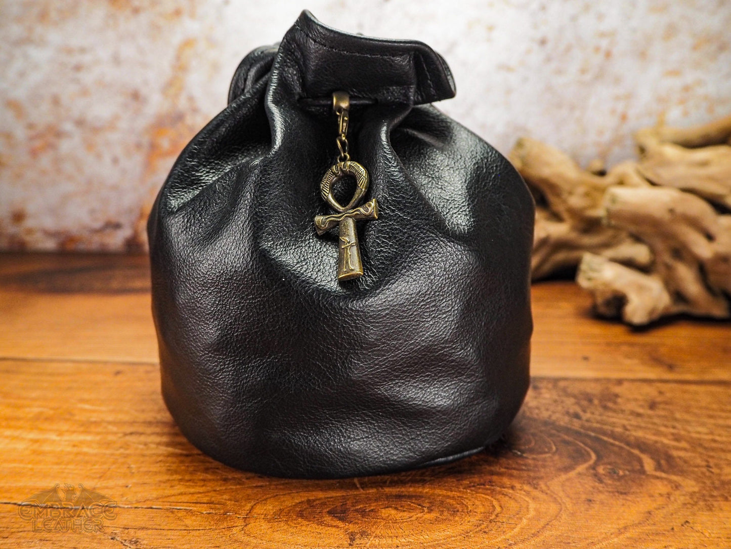 Beautiful Black Leather Dice Bag with Bronze Ankh - Dungeons and Dragons Dice Bag of Holding