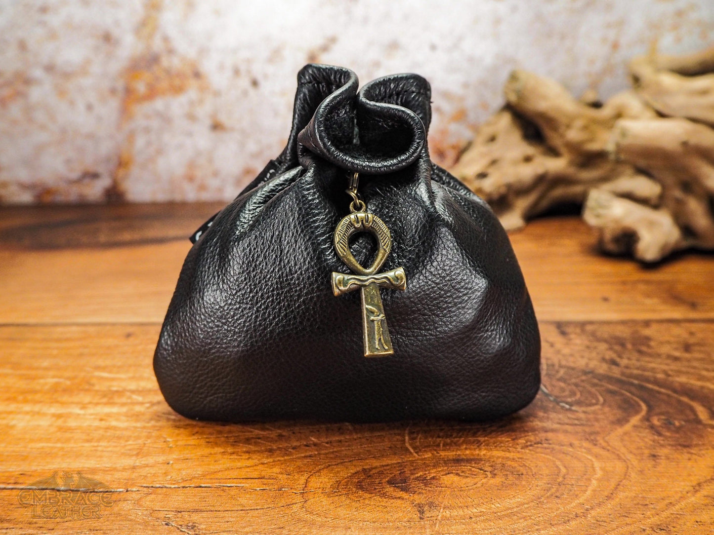 Beautiful Black Leather Dice Bag with Bronze Ankh - Dungeons and Dragons Dice Bag of Holding