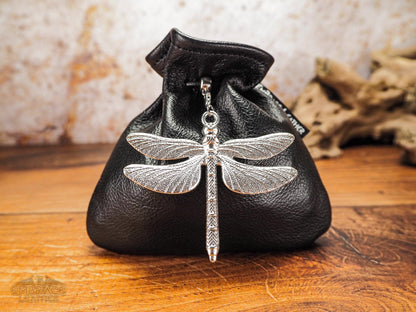 Role Playing Game Leather Dice Bag with Silver Dragonfly - Bag of Holding Dice Bag and Belt Loop Optional