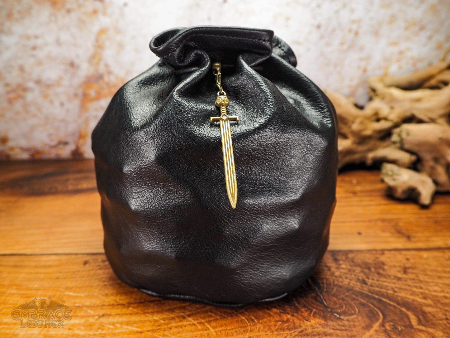 Beautiful Black Leather Dice Bag with Bronze Druid Sword - Dungeons and Dragons Dice Bag of Holding