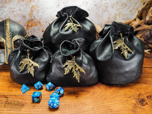 Black Leather Dice Bag of Holding with a Bronze Maple Leaf and Belt Loop Optional