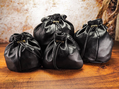 Black Leather Dice Bag of Holding with a Bronze Maple Leaf and Belt Loop Optional